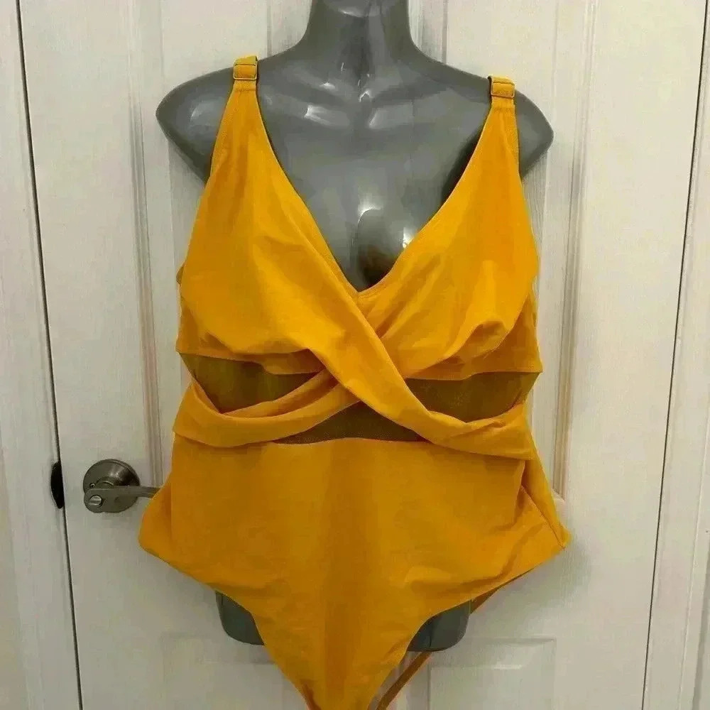 Yellow, Full Piece Bathing Suit with Mesh Cut-Outs,  Sz 4XL